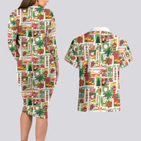 Hawaiian Santa Christmas Pattern Couples Matching Long Sleeve Bodycon Dress and Hawaiian Shirt White Version - Wonder Print Shop