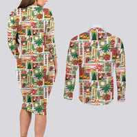 Hawaiian Santa Christmas Pattern Couples Matching Long Sleeve Bodycon Dress and Long Sleeve Button Shirt White Version - Wonder Print Shop