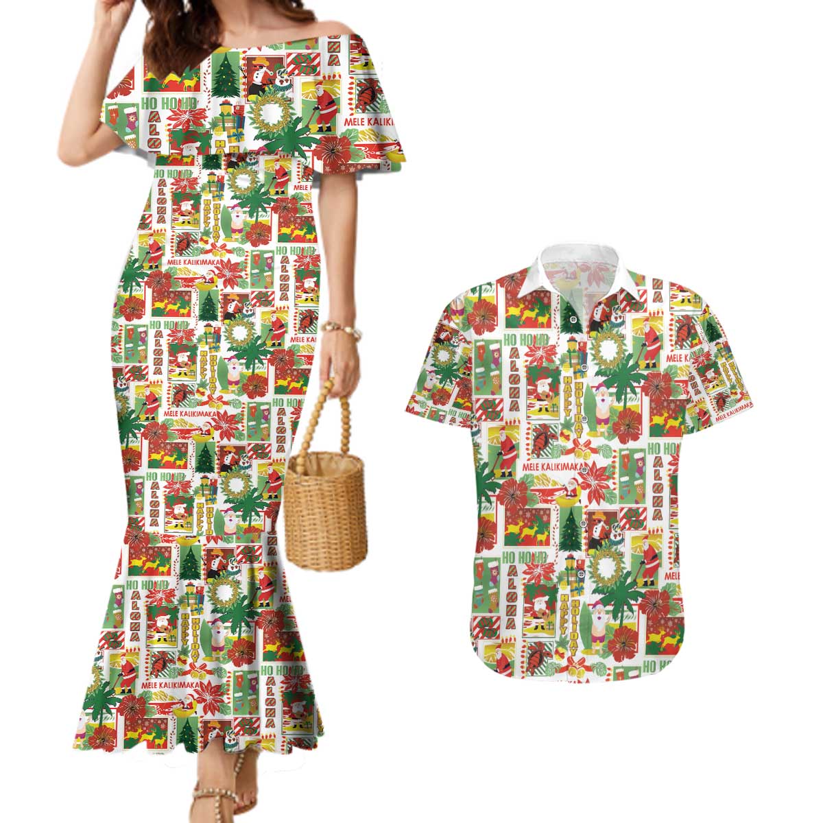 Hawaiian Santa Christmas Pattern Couples Matching Mermaid Dress and Hawaiian Shirt White Version - Wonder Print Shop