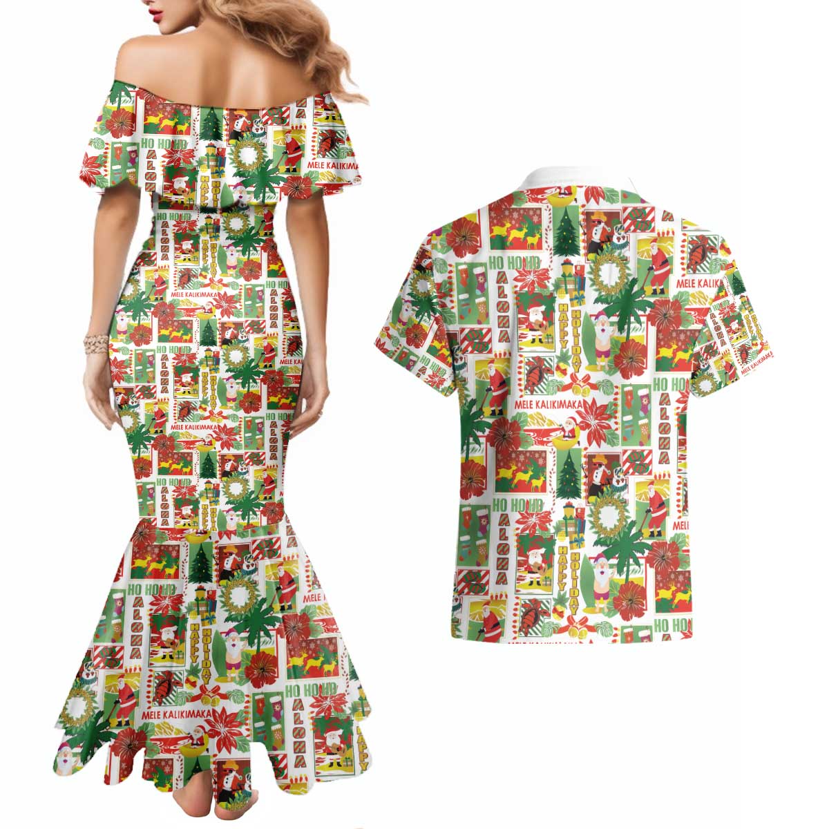Hawaiian Santa Christmas Pattern Couples Matching Mermaid Dress and Hawaiian Shirt White Version - Wonder Print Shop