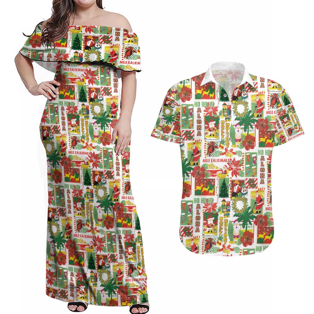 Hawaiian Santa Christmas Pattern Couples Matching Off Shoulder Maxi Dress and Hawaiian Shirt White Version - Wonder Print Shop