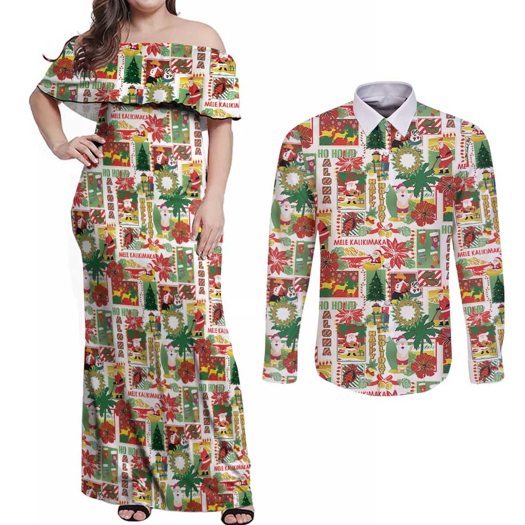 Hawaiian Santa Christmas Pattern Couples Matching Off Shoulder Maxi Dress and Long Sleeve Button Shirt White Version - Wonder Print Shop