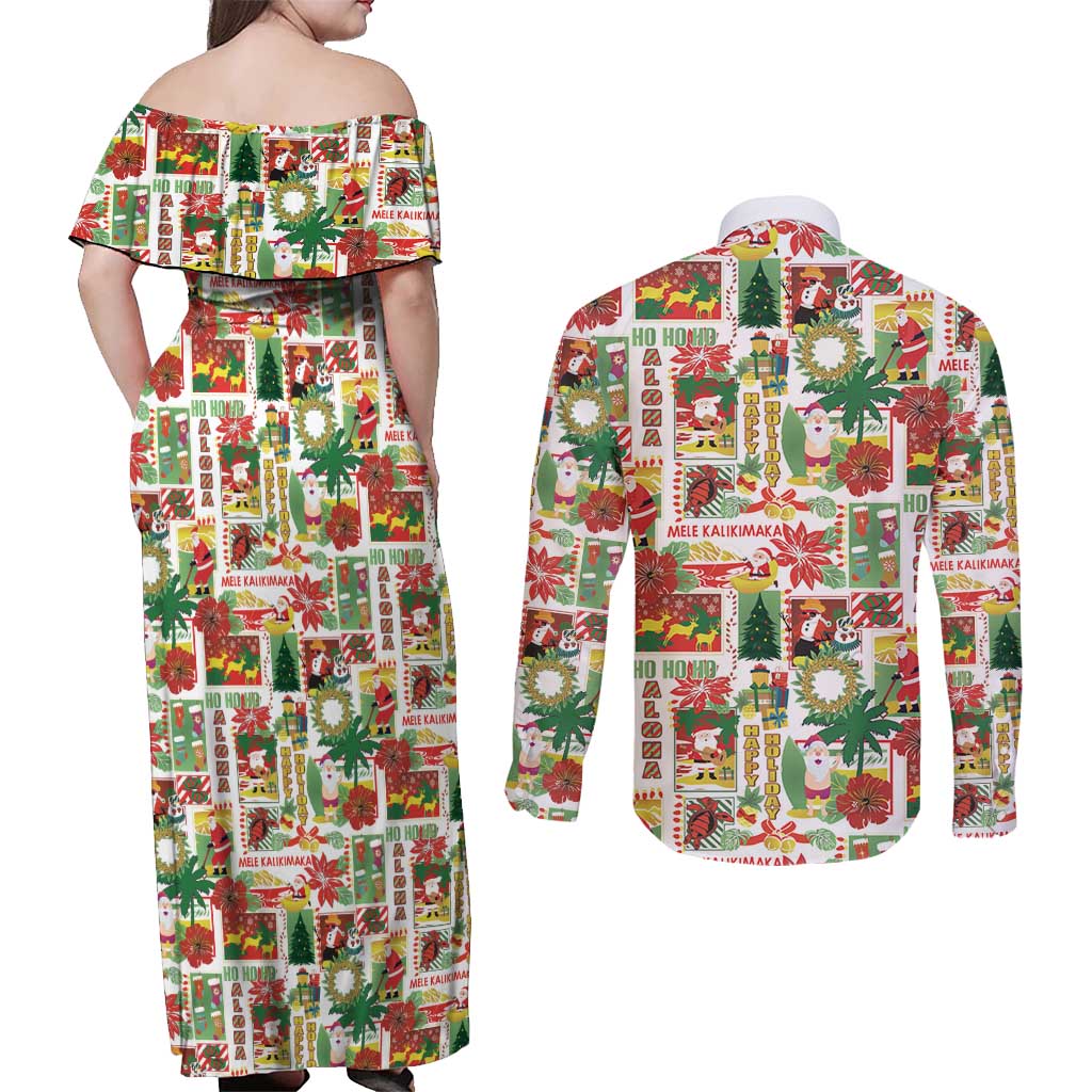 Hawaiian Santa Christmas Pattern Couples Matching Off Shoulder Maxi Dress and Long Sleeve Button Shirt White Version - Wonder Print Shop