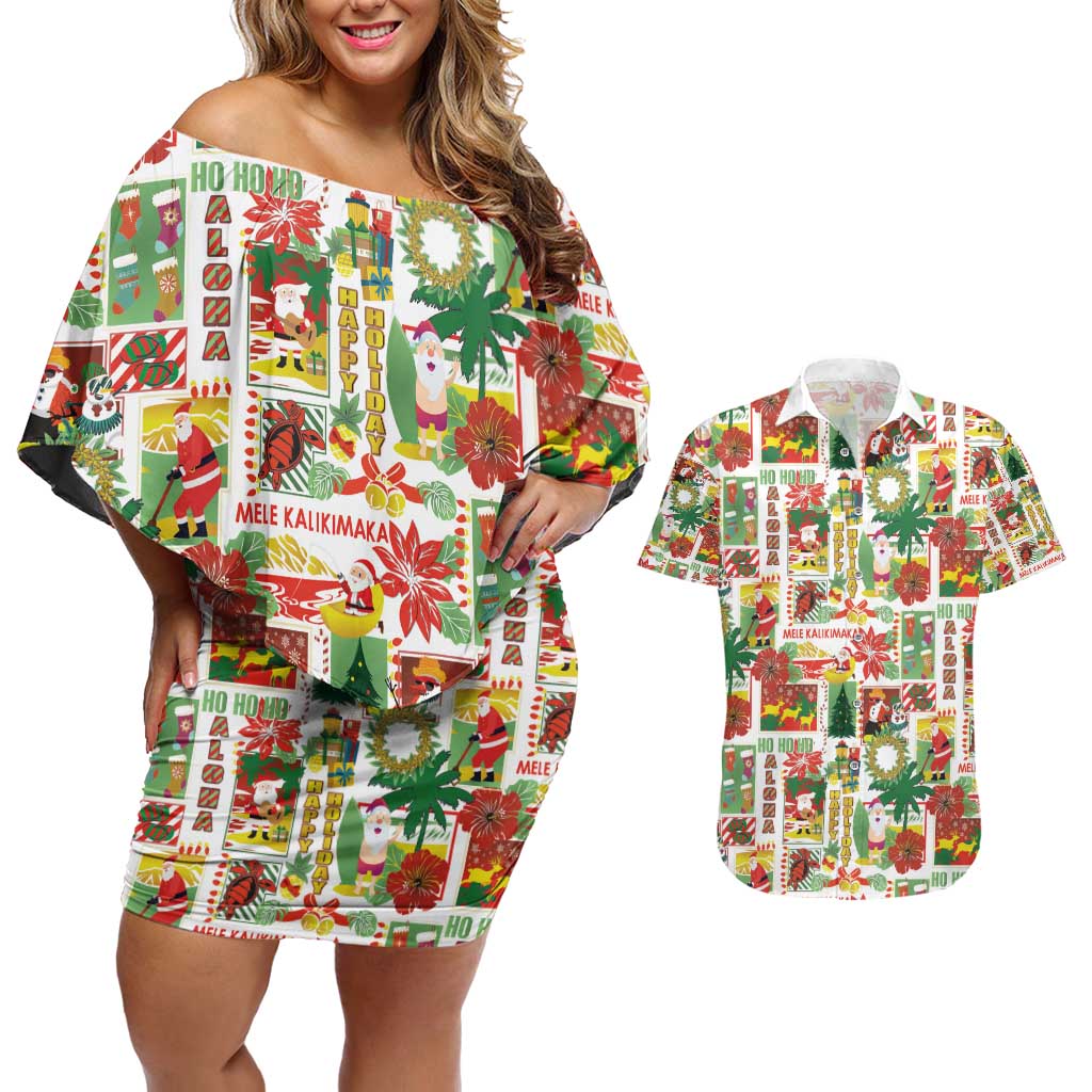 Hawaiian Santa Christmas Pattern Couples Matching Off Shoulder Short Dress and Hawaiian Shirt White Version - Wonder Print Shop