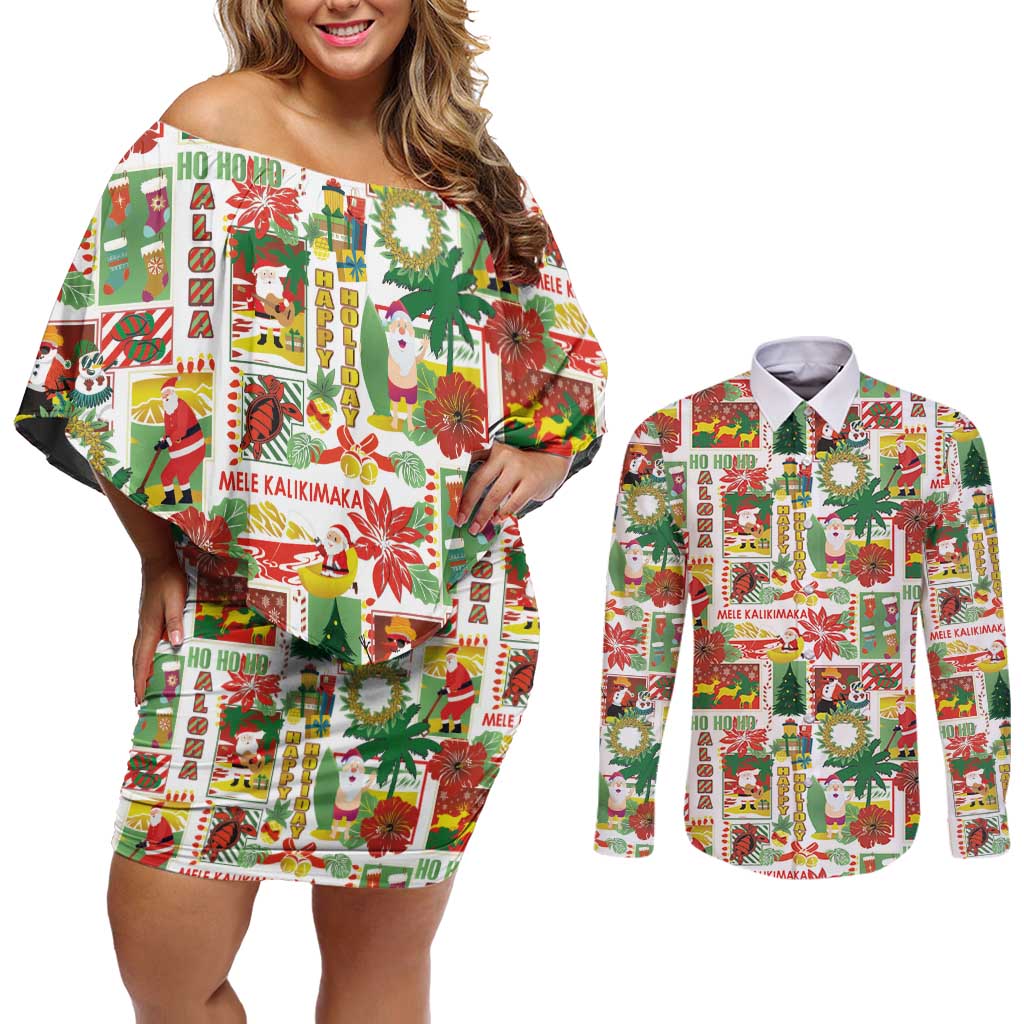 Hawaiian Santa Christmas Pattern Couples Matching Off Shoulder Short Dress and Long Sleeve Button Shirt White Version - Wonder Print Shop