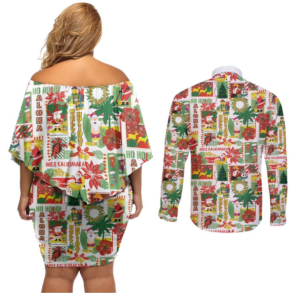 Hawaiian Santa Christmas Pattern Couples Matching Off Shoulder Short Dress and Long Sleeve Button Shirt White Version - Wonder Print Shop