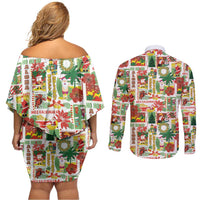 Hawaiian Santa Christmas Pattern Couples Matching Off Shoulder Short Dress and Long Sleeve Button Shirt White Version - Wonder Print Shop