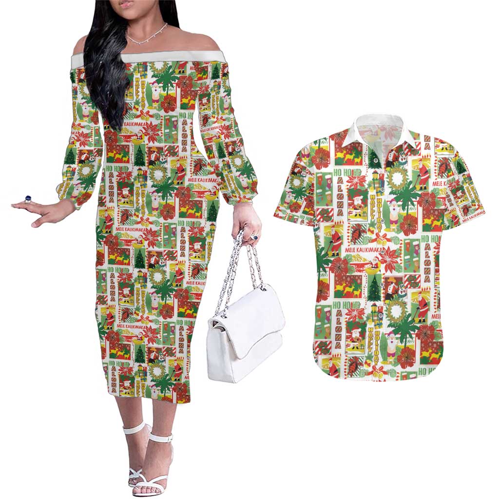 Hawaiian Santa Christmas Pattern Couples Matching Off The Shoulder Long Sleeve Dress and Hawaiian Shirt White Version - Wonder Print Shop