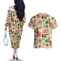 Hawaiian Santa Christmas Pattern Couples Matching Off The Shoulder Long Sleeve Dress and Hawaiian Shirt White Version - Wonder Print Shop