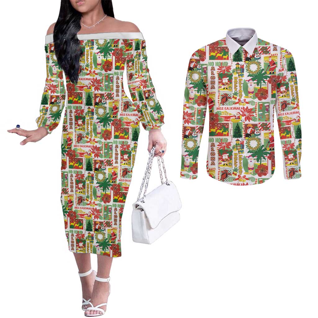 Hawaiian Santa Christmas Pattern Couples Matching Off The Shoulder Long Sleeve Dress and Long Sleeve Button Shirt White Version - Wonder Print Shop