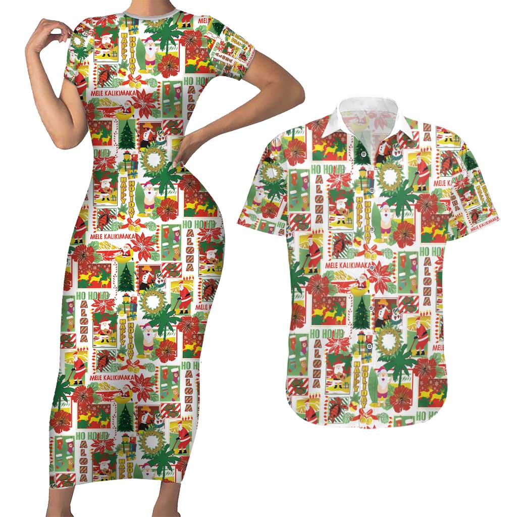 Hawaiian Santa Christmas Pattern Couples Matching Short Sleeve Bodycon Dress and Hawaiian Shirt White Version - Wonder Print Shop