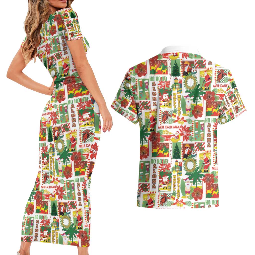 Hawaiian Santa Christmas Pattern Couples Matching Short Sleeve Bodycon Dress and Hawaiian Shirt White Version - Wonder Print Shop
