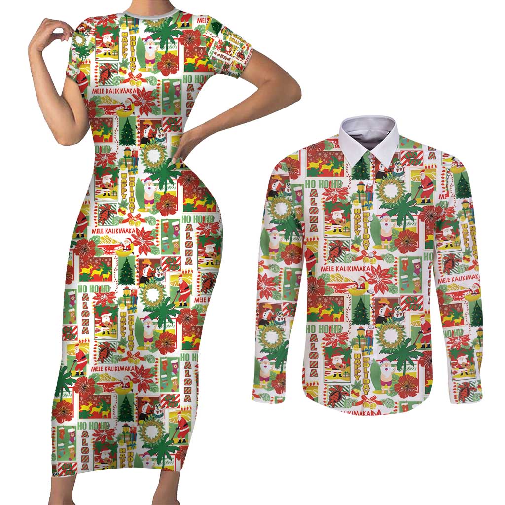 Hawaiian Santa Christmas Pattern Couples Matching Short Sleeve Bodycon Dress and Long Sleeve Button Shirt White Version - Wonder Print Shop