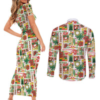 Hawaiian Santa Christmas Pattern Couples Matching Short Sleeve Bodycon Dress and Long Sleeve Button Shirt White Version - Wonder Print Shop