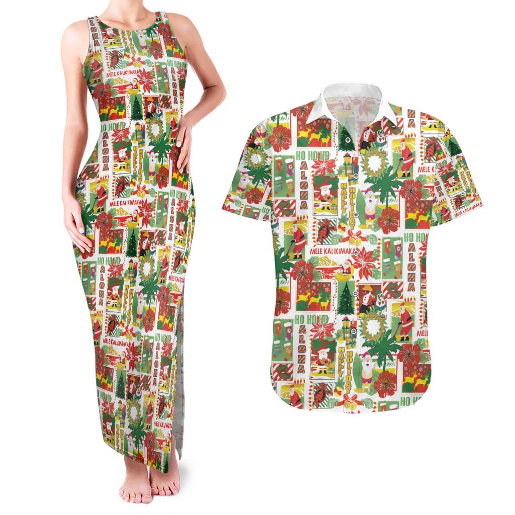 Hawaiian Santa Christmas Pattern Couples Matching Tank Maxi Dress and Hawaiian Shirt White Version - Wonder Print Shop