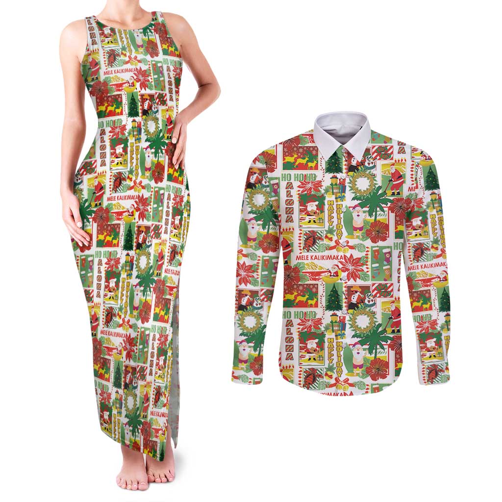 Hawaiian Santa Christmas Pattern Couples Matching Tank Maxi Dress and Long Sleeve Button Shirt White Version - Wonder Print Shop