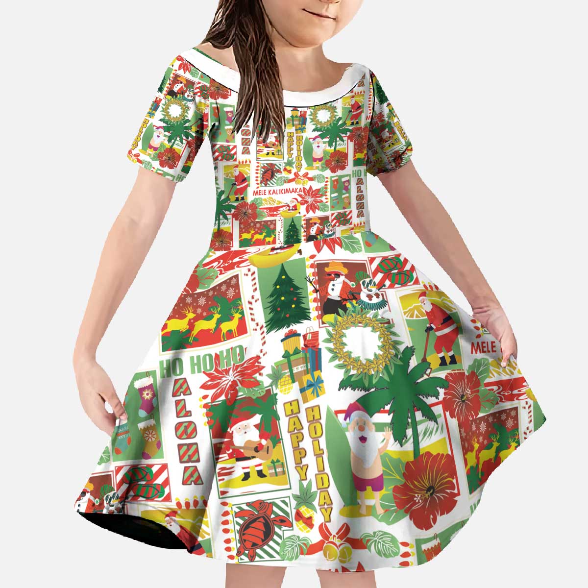 Hawaiian Santa Christmas Pattern Family Matching Off The Shoulder Long Sleeve Dress and Hawaiian Shirt White Version - Wonder Print Shop