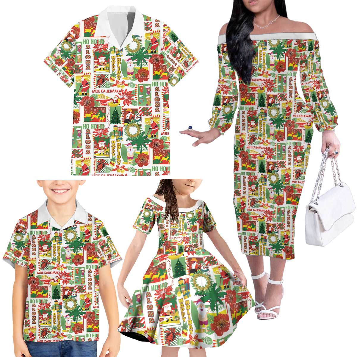 Hawaiian Santa Christmas Pattern Family Matching Off The Shoulder Long Sleeve Dress and Hawaiian Shirt White Version - Wonder Print Shop