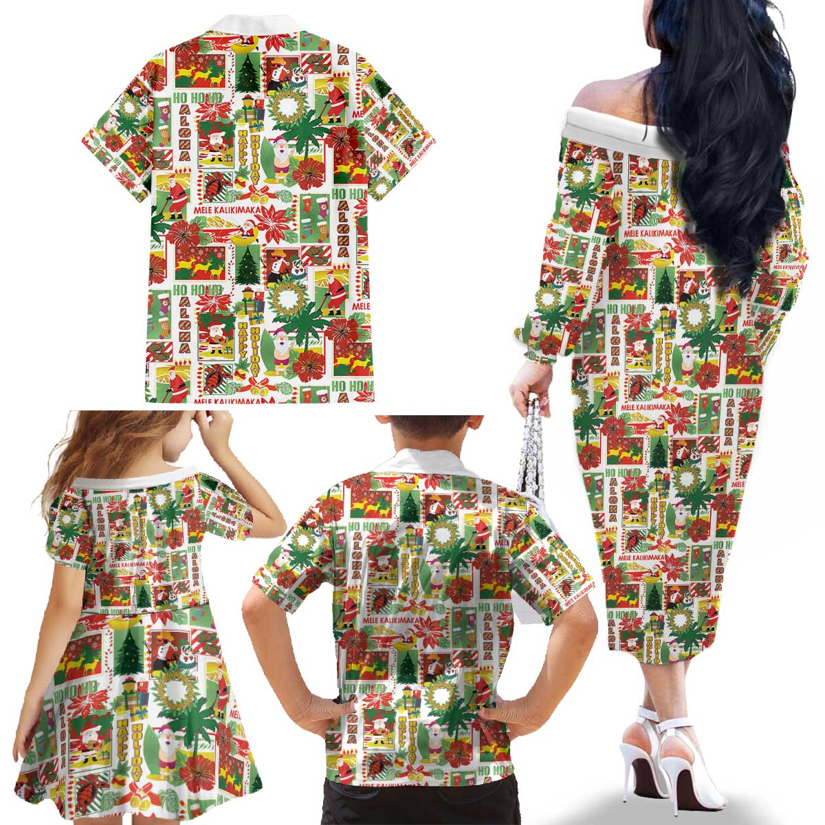 Hawaiian Santa Christmas Pattern Family Matching Off The Shoulder Long Sleeve Dress and Hawaiian Shirt White Version - Wonder Print Shop