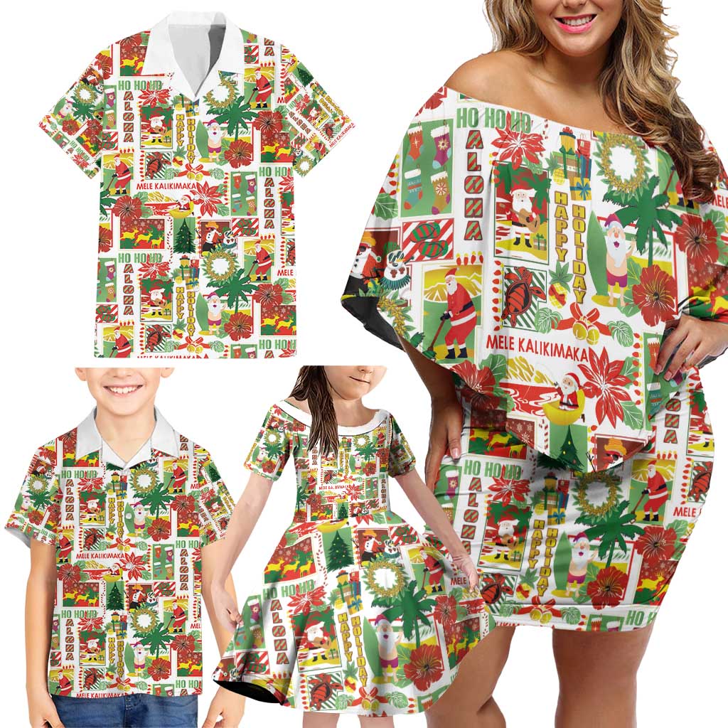 Hawaiian Santa Christmas Pattern Family Matching Off Shoulder Short Dress and Hawaiian Shirt White Version - Wonder Print Shop