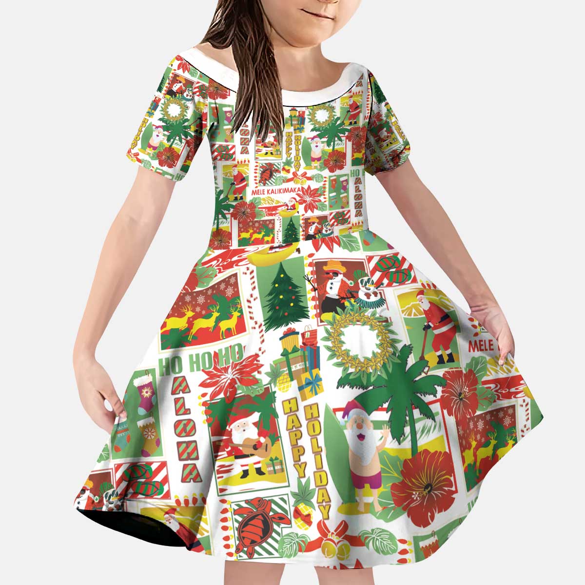 Hawaiian Santa Christmas Pattern Kid Short Sleeve Dress White Version - Wonder Print Shop