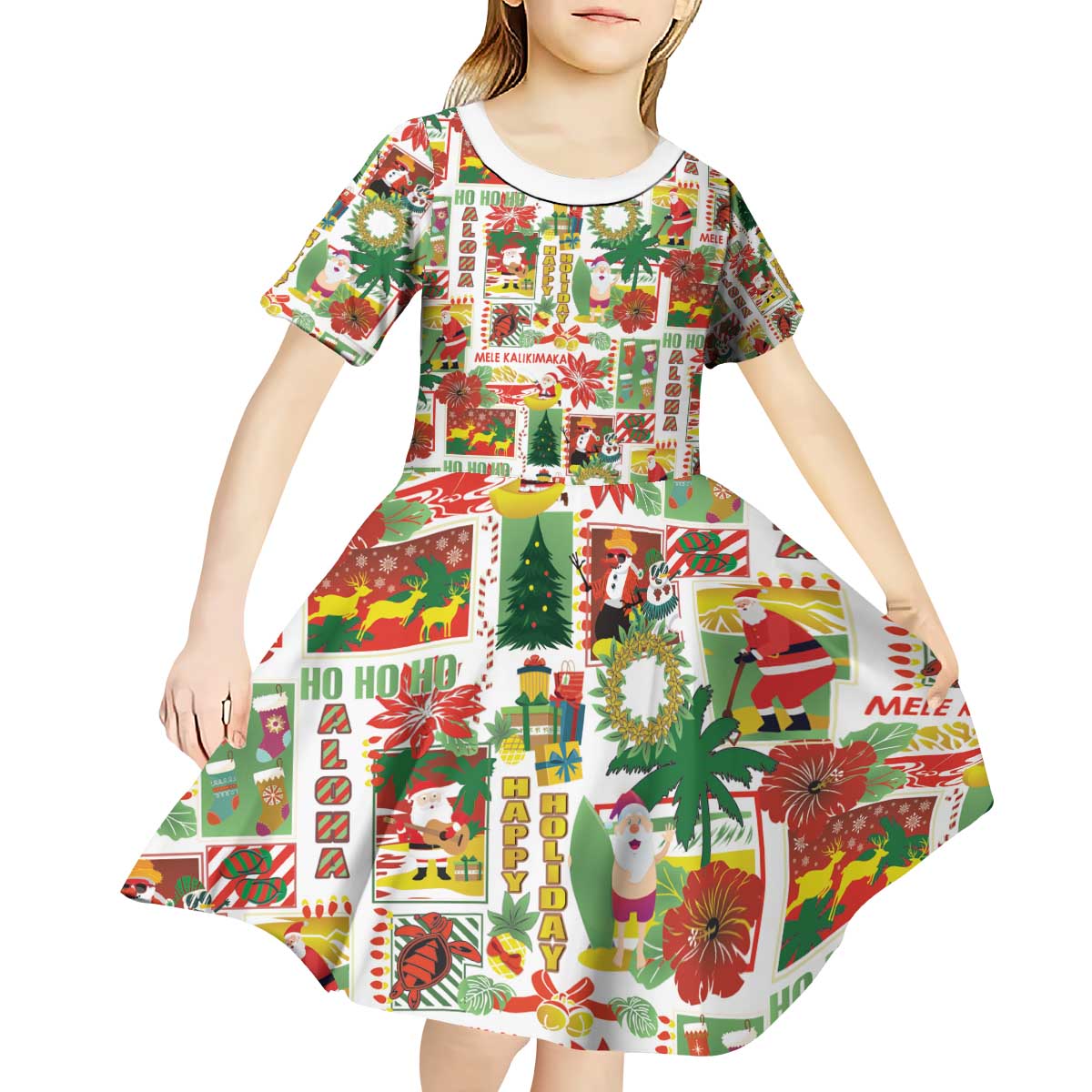 Hawaiian Santa Christmas Pattern Kid Short Sleeve Dress White Version - Wonder Print Shop