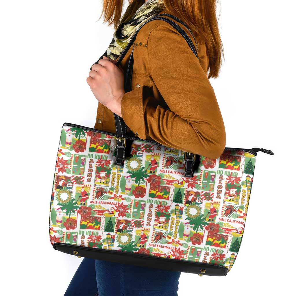 Hawaiian Santa Christmas Pattern Leather Tote Bag White Version - Wonder Print Shop