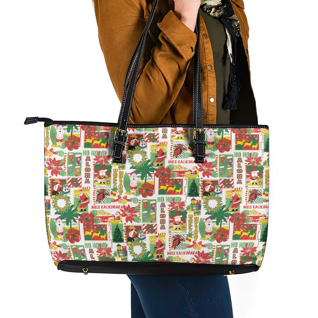 Hawaiian Santa Christmas Pattern Leather Tote Bag White Version - Wonder Print Shop