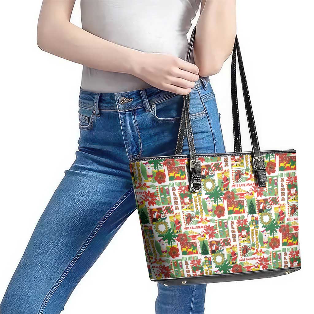 Hawaiian Santa Christmas Pattern Leather Tote Bag White Version - Wonder Print Shop