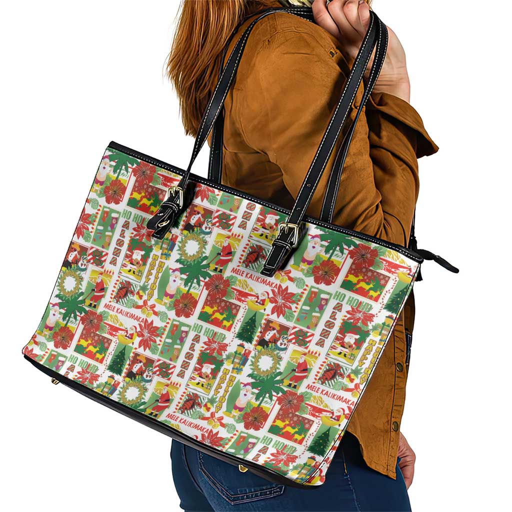 Hawaiian Santa Christmas Pattern Leather Tote Bag White Version - Wonder Print Shop