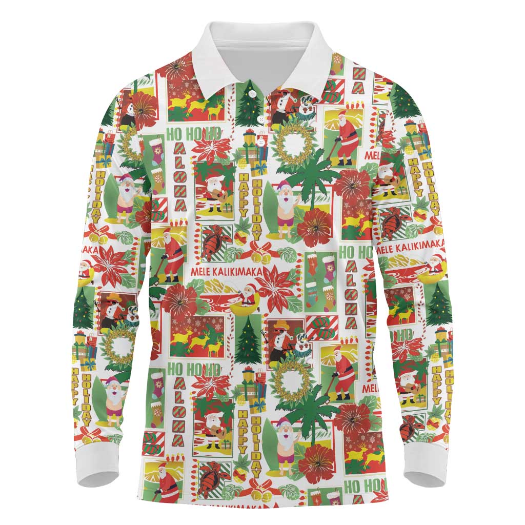 Hawaiian Santa Christmas Pattern Long Sleeve Polo Shirt White Version - Wonder Print Shop