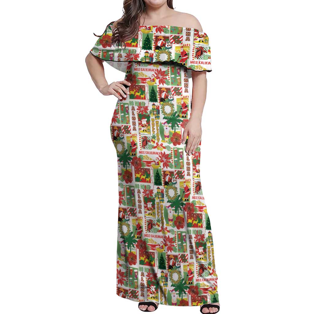 Hawaiian Santa Christmas Pattern Off Shoulder Maxi Dress White Version - Wonder Print Shop