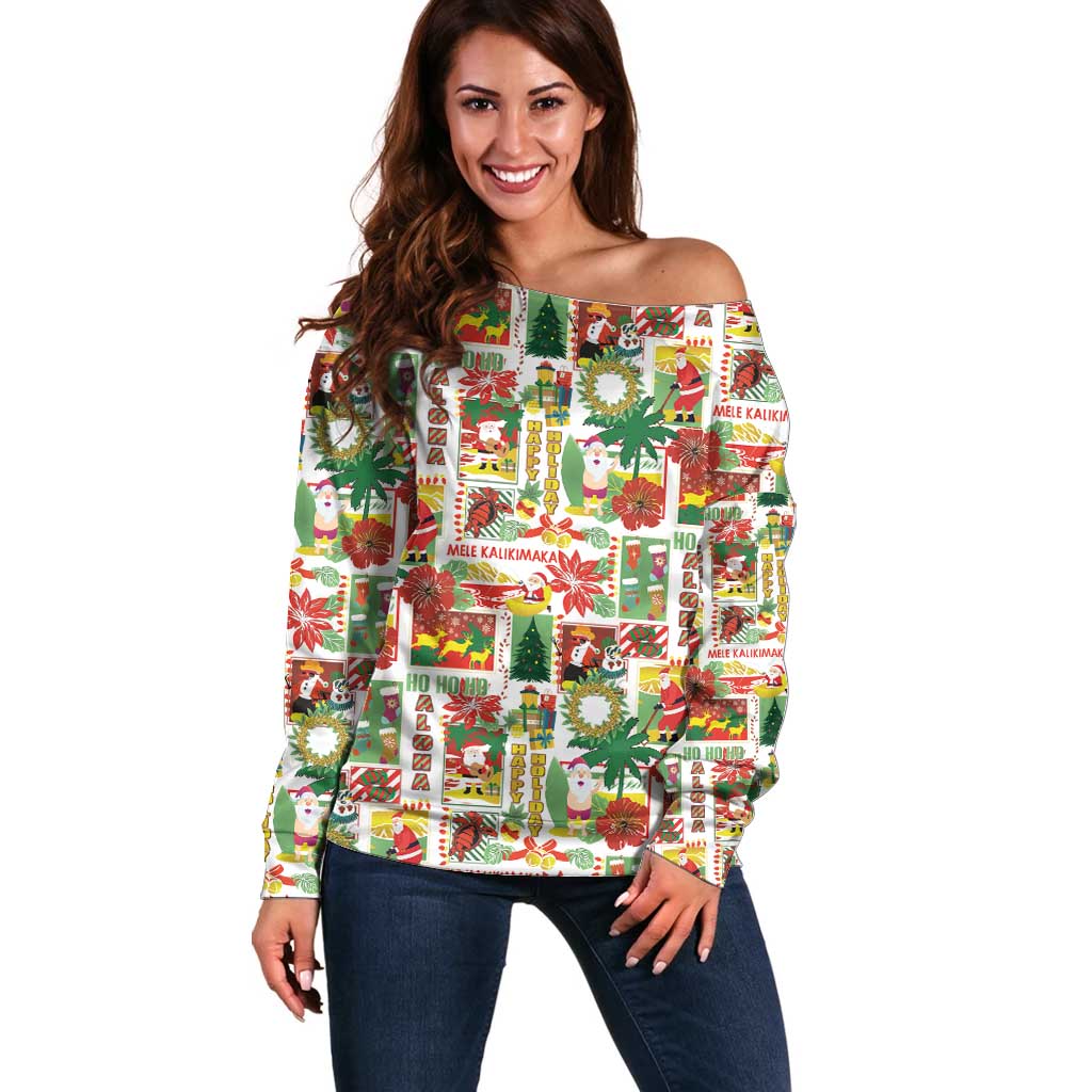 Hawaiian Santa Christmas Pattern Off Shoulder Sweater White Version - Wonder Print Shop