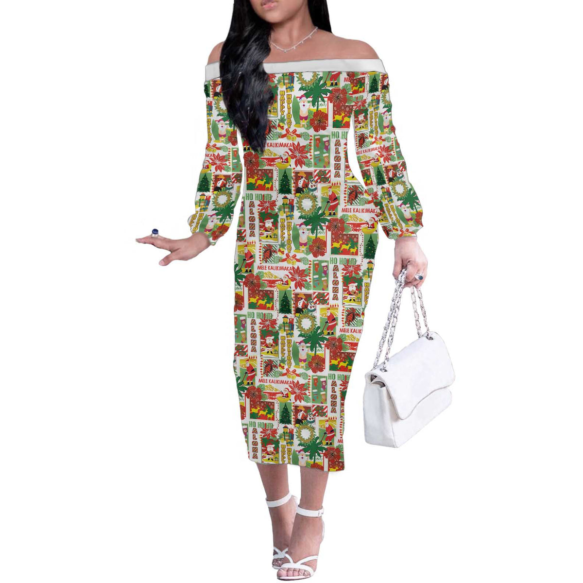 Hawaiian Santa Christmas Pattern Off The Shoulder Long Sleeve Dress White Version - Wonder Print Shop