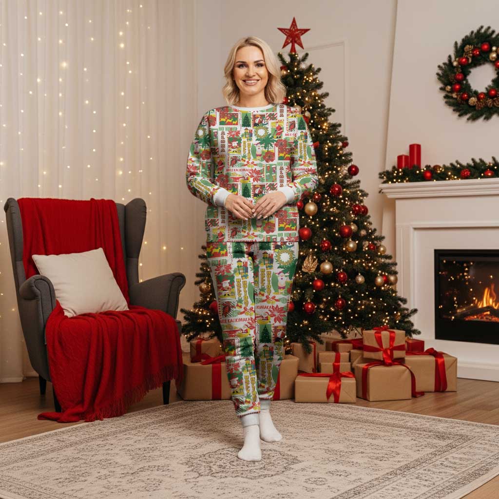 Hawaiian Santa Christmas Pattern Christmas Pajama Set White Version - Wonder Print Shop