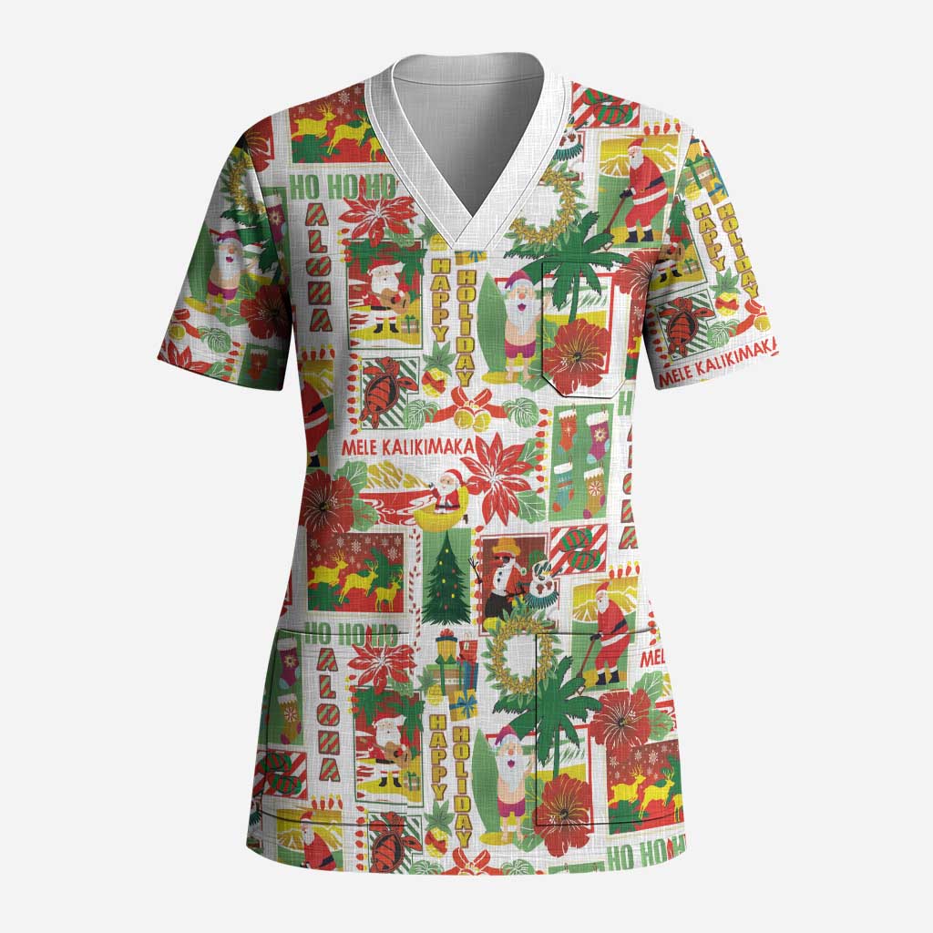 Hawaiian Santa Christmas Pattern Scrub Top White Version - Wonder Print Shop