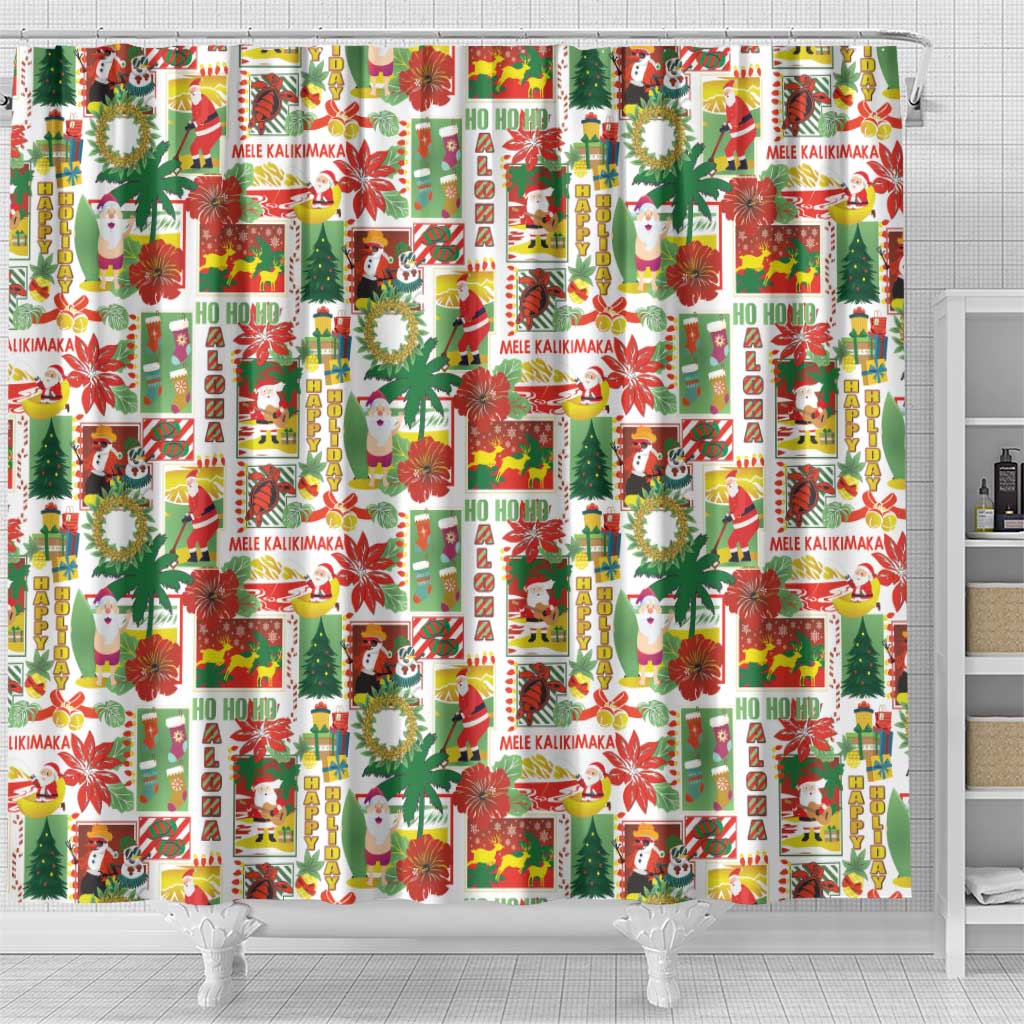 Hawaiian Santa Christmas Pattern Shower Curtain White Version - Wonder Print Shop