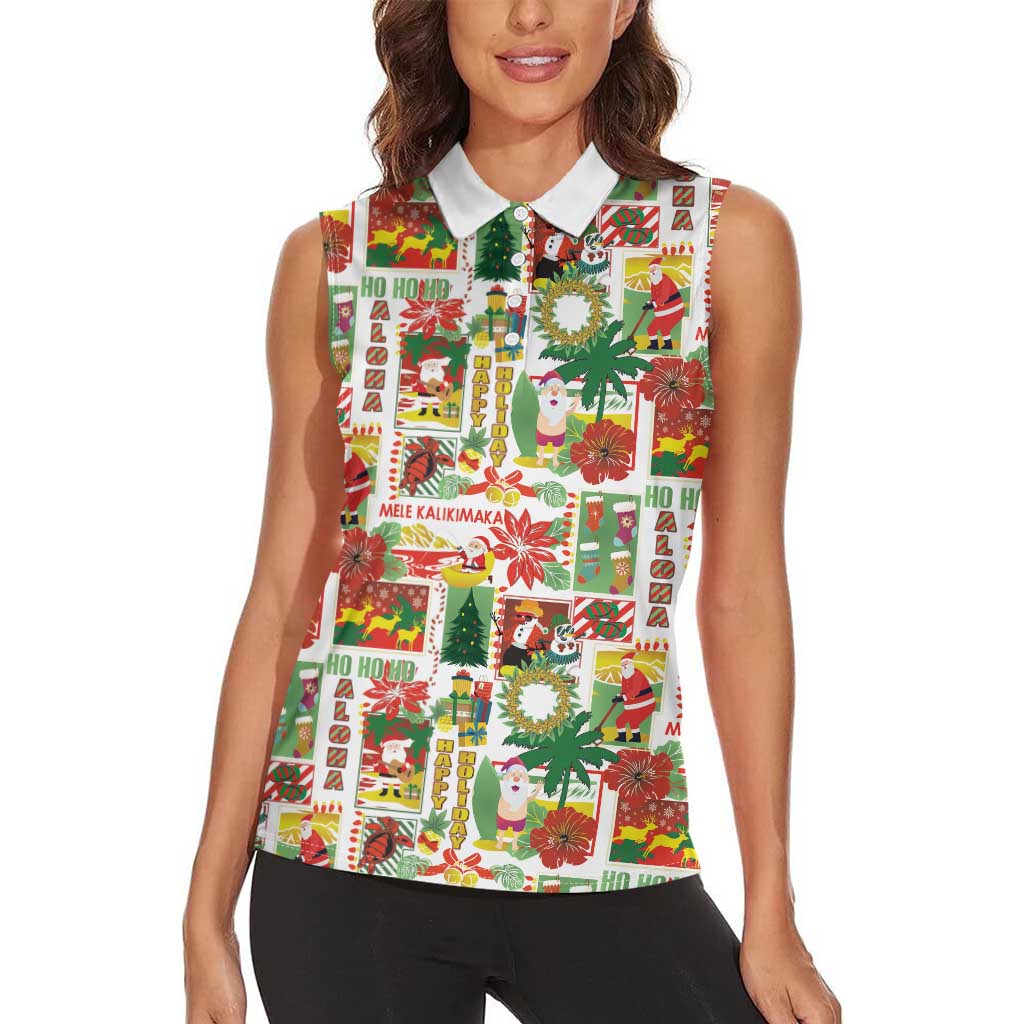 Hawaiian Santa Christmas Pattern Women Sleeveless Polo Shirt White Version - Wonder Print Shop