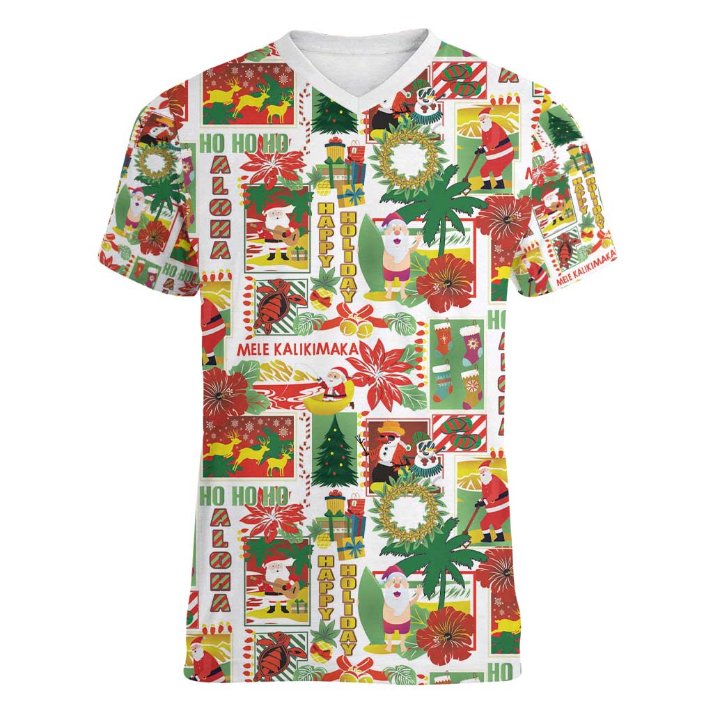 Hawaiian Santa Christmas Pattern Women V-Neck T-Shirt White Version - Wonder Print Shop