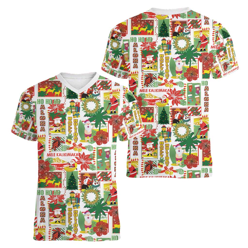 Hawaiian Santa Christmas Pattern Women V-Neck T-Shirt White Version - Wonder Print Shop