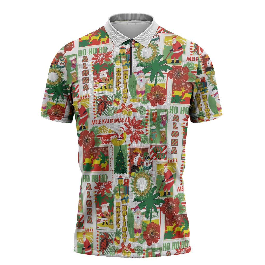 Hawaiian Santa Christmas Pattern Zipper Polo Shirt White Version - Wonder Print Shop