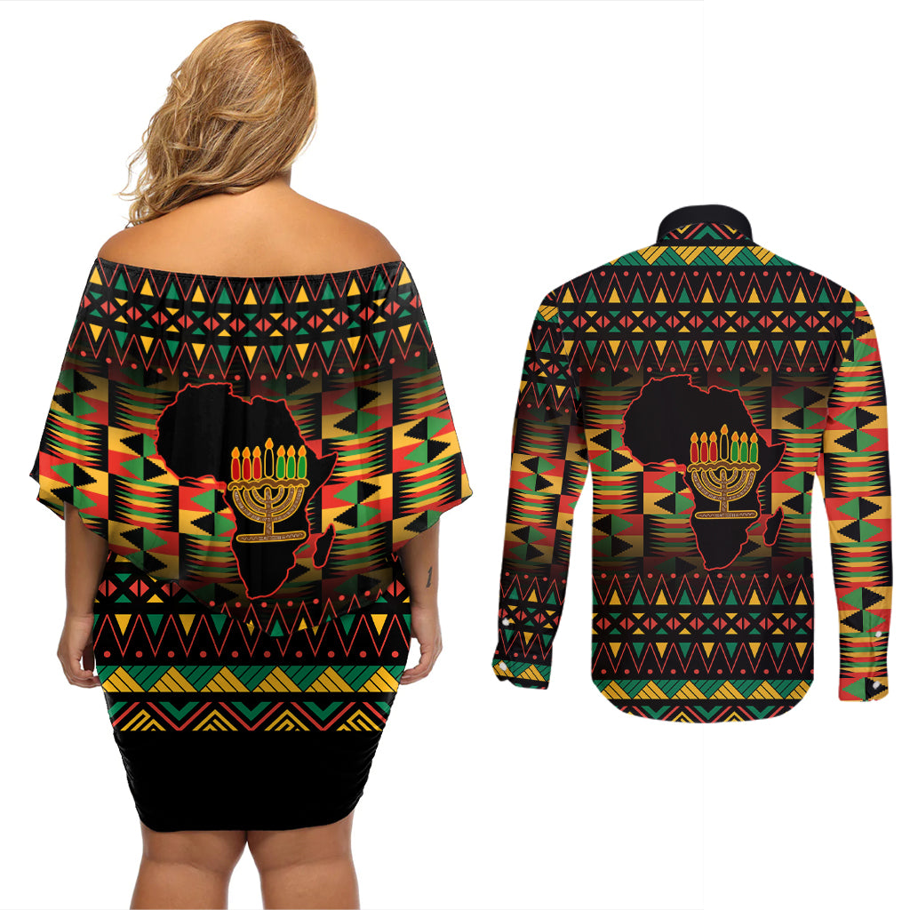Kwanzaa Festival Couples Matching Off Shoulder Short Dress and Long Sleeve Button Shirt Kinara Candles African Pattern - Wonder Print Shop