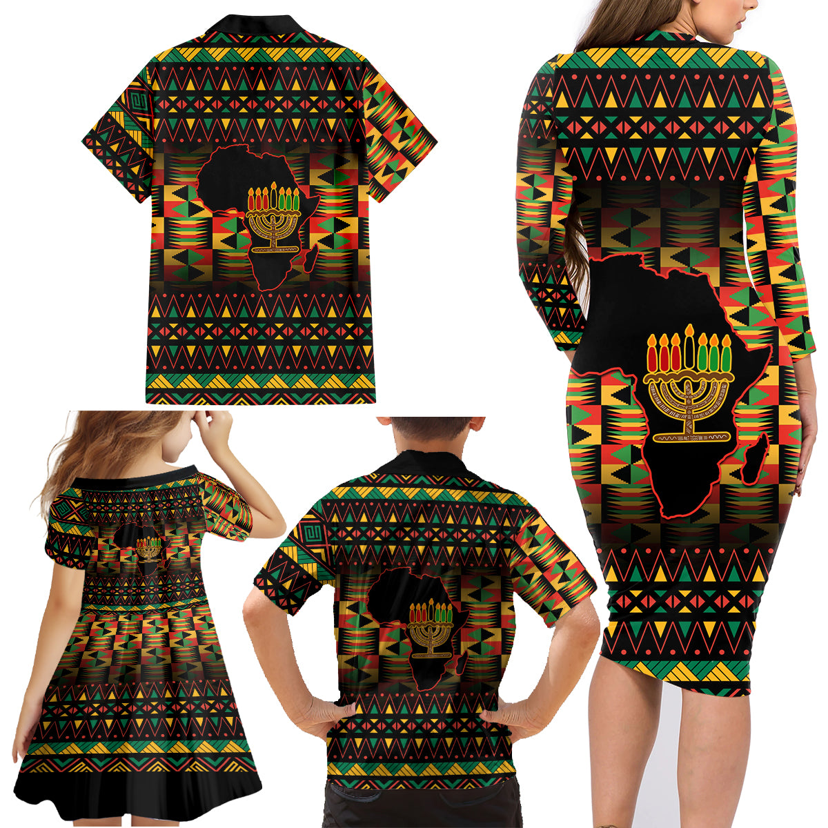 Kwanzaa Festival Family Matching Long Sleeve Bodycon Dress and Hawaiian Shirt Kinara Candles African Pattern - Wonder Print Shop