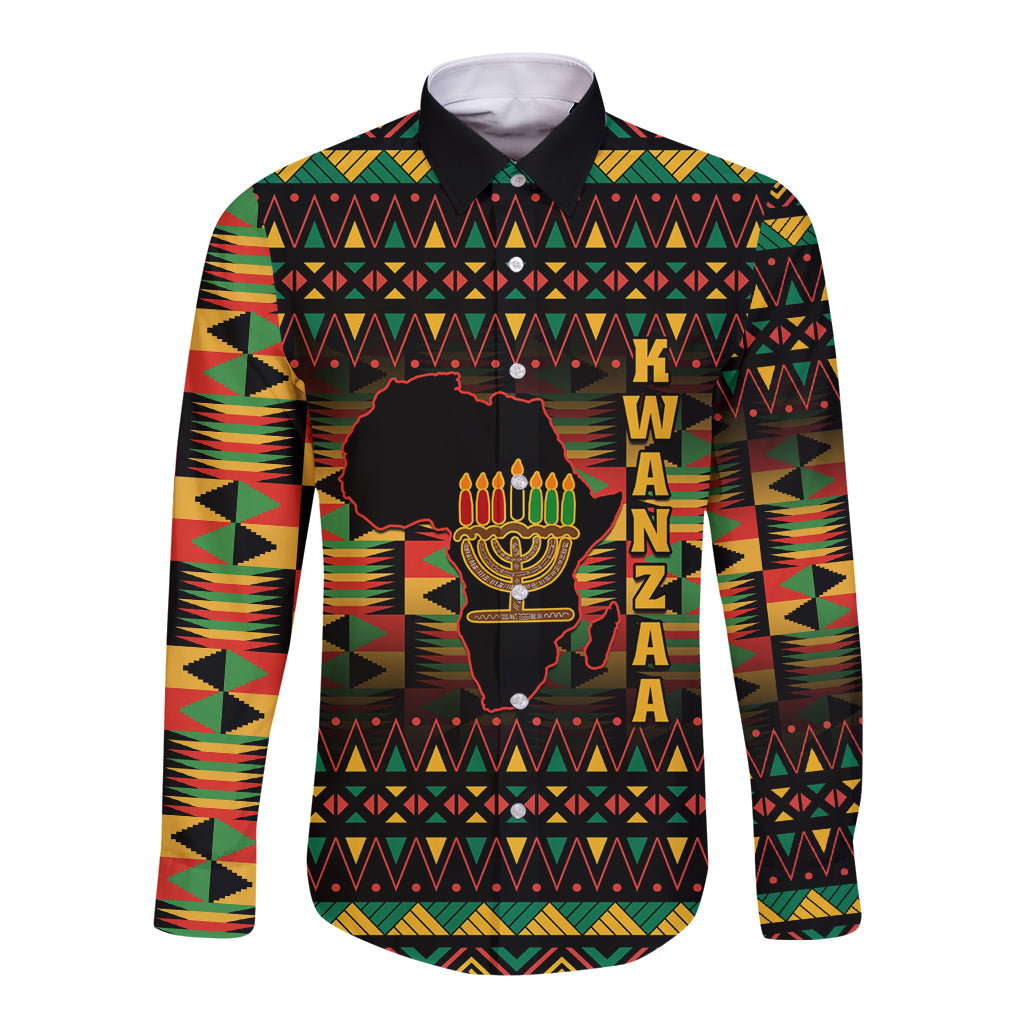 Kwanzaa Festival Long Sleeve Button Shirt Kinara Candles African Pattern - Wonder Print Shop