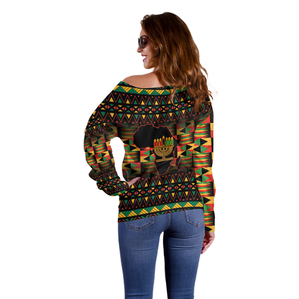 Kwanzaa Festival Off Shoulder Sweater Kinara Candles African Pattern - Wonder Print Shop