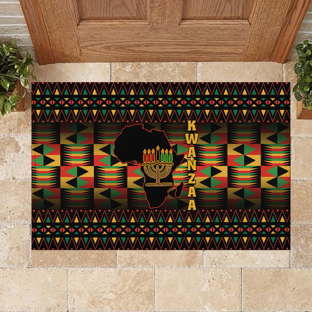 Kwanzaa Festival Rubber Doormat Kinara Candles African Pattern - Wonder Print Shop