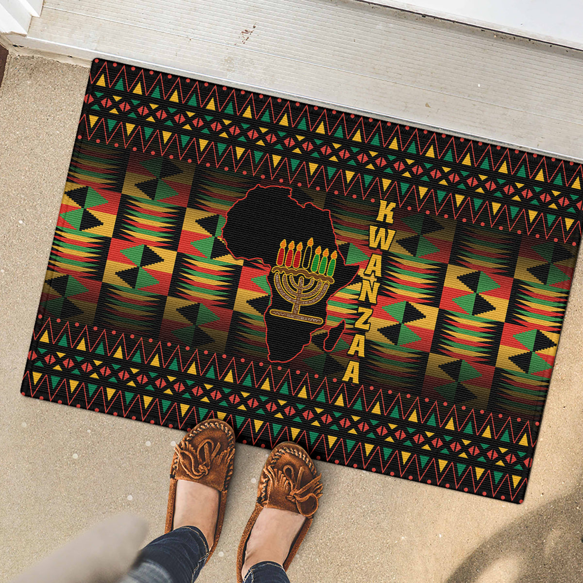 Kwanzaa Festival Rubber Doormat Kinara Candles African Pattern - Wonder Print Shop