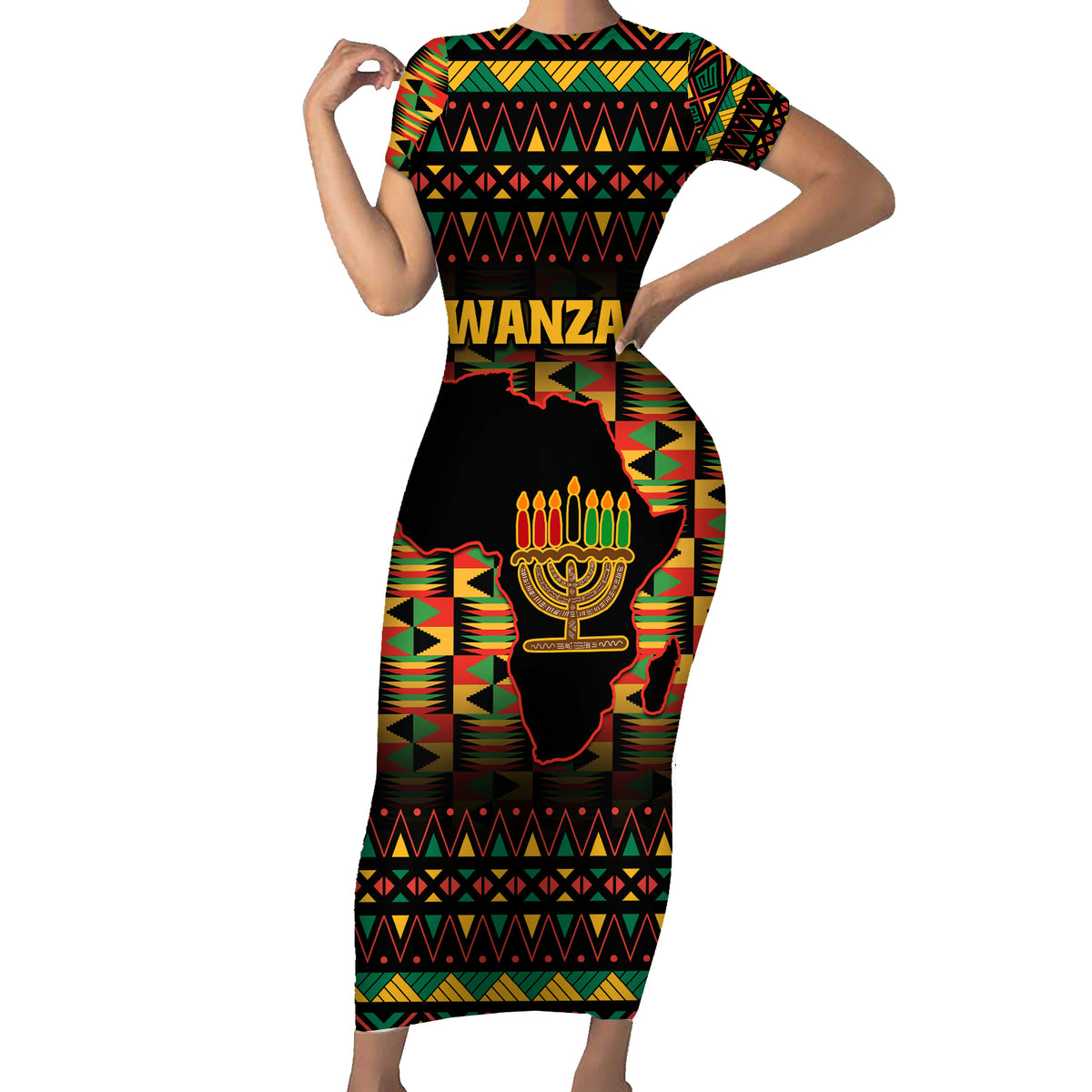 Kwanzaa Festival Short Sleeve Bodycon Dress Kinara Candles African Pattern - Wonder Print Shop