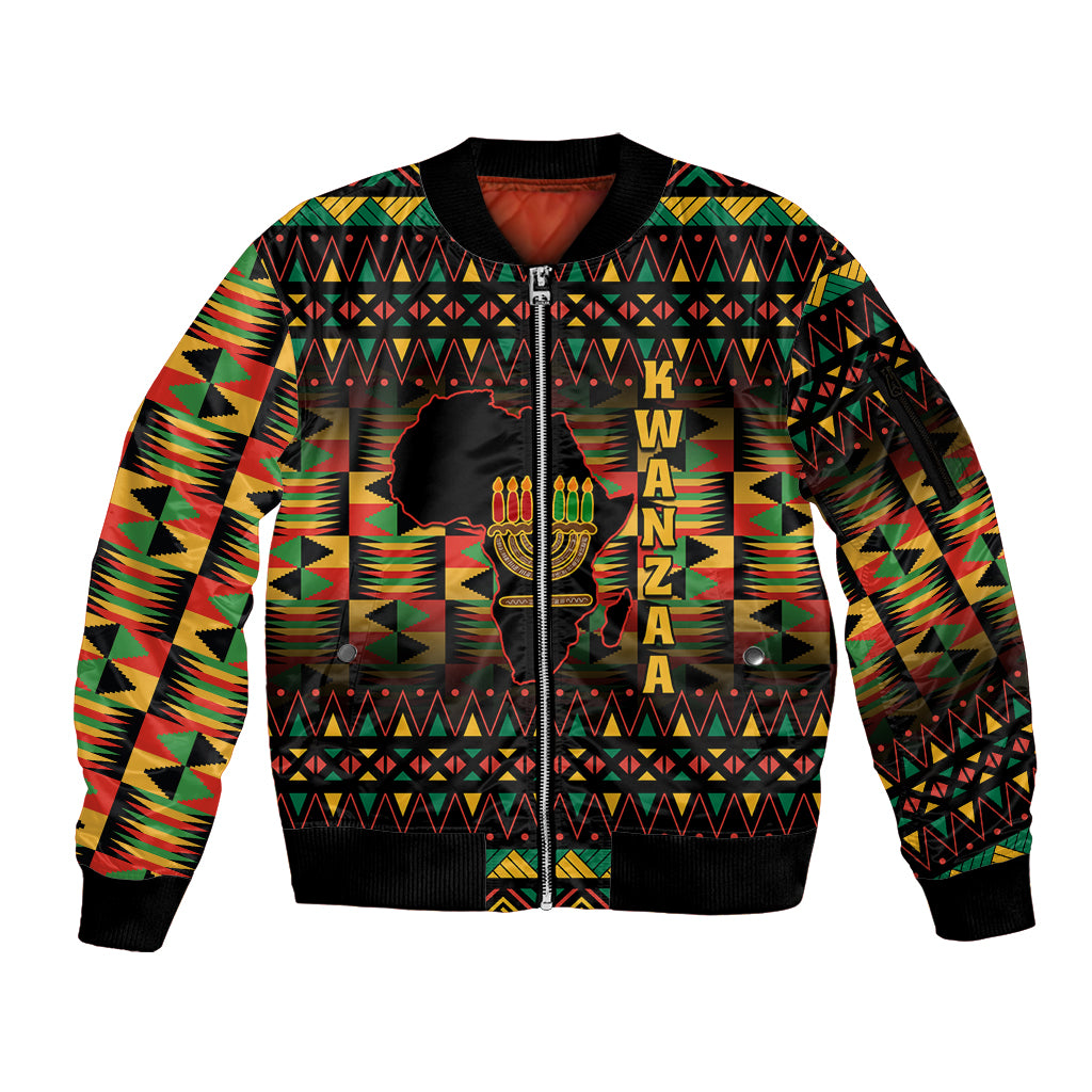 Kwanzaa Festival Sleeve Zip Bomber Jacket Kinara Candles African Pattern - Wonder Print Shop