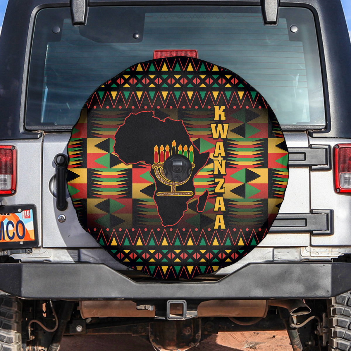 Kwanzaa Festival Spare Tire Cover Kinara Candles African Pattern - Wonder Print Shop